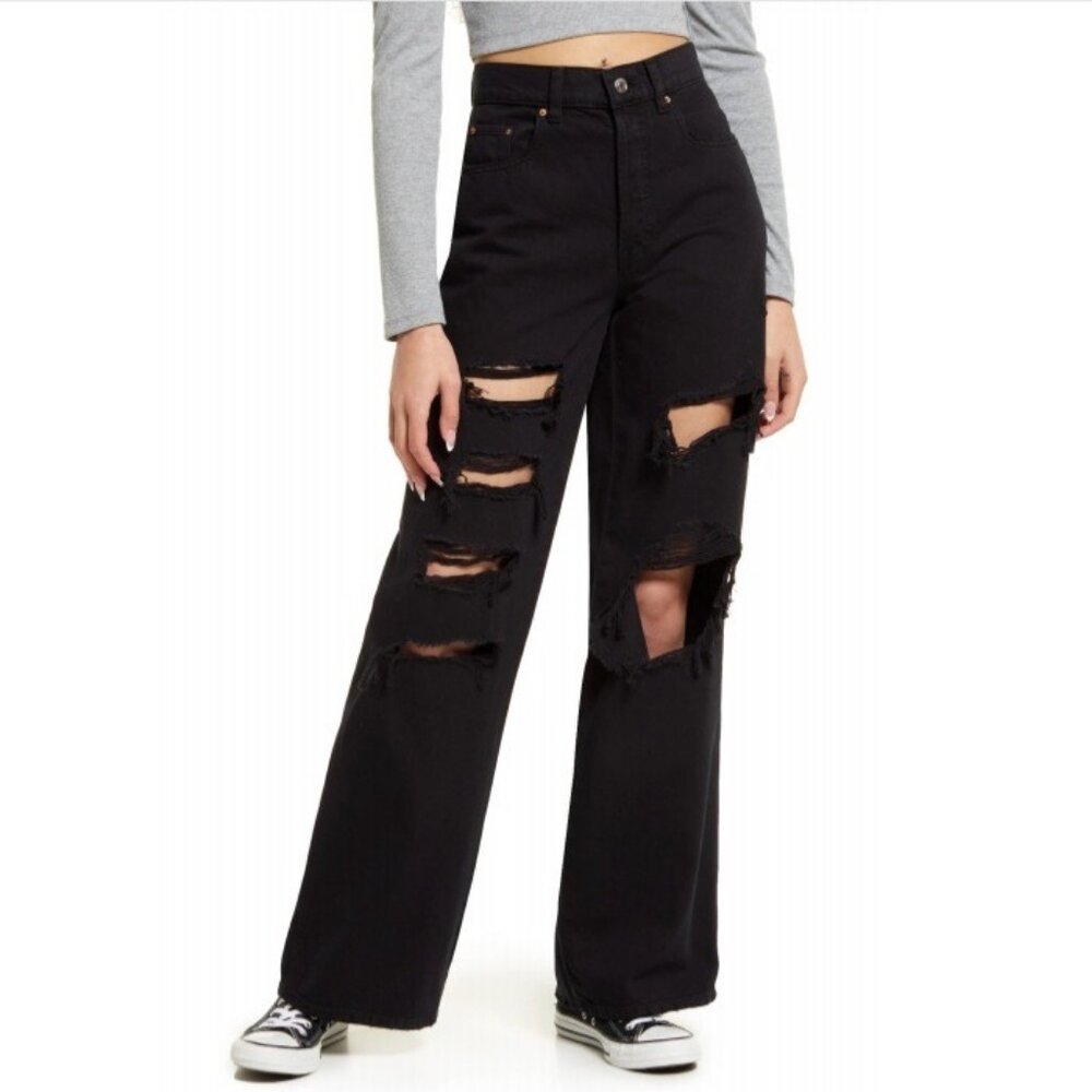 NWT PacSun Eco Black Baggy Distressed Button-Fly Wide Leg Denim Jeans - 23